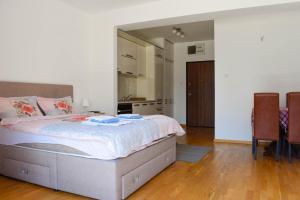 1 dormitorio con 1 cama grande y espejo grande en Adelisa Apartments, en Budva