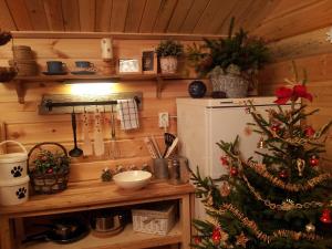 a kitchen with a christmas tree and a refrigerator at Cabin on Husky Farm in Strömsund