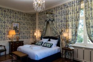 una camera da letto con un letto e un lampadario di Château de Beauvais a Azay-sur-Cher Altre 65 foto
