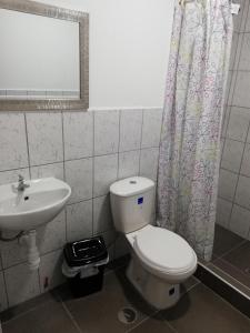 a bathroom with a toilet and a sink and a mirror at Suite Trujillo in Trujillo