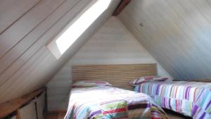a attic room with two beds and a skylight at Gîte Chemin des Prés r de Pré Vert in Chinon
