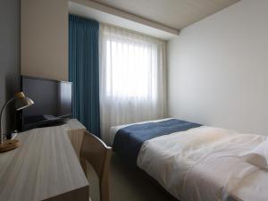 ein Hotelzimmer mit einem Bett und einem TV in der Unterkunft JR-EAST HOTEL METS HACHINOHE in Hachinohe