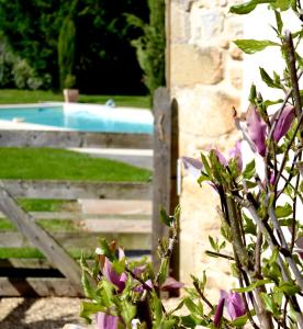 a fence with purple flowers in front of a pool at Le Mathi in Fumel