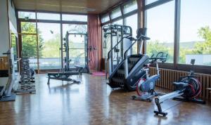 - une salle de sport avec plusieurs tapis de course et vélos d'exercice dans l'établissement Vitalhotel König am Park, à Bad Mergentheim