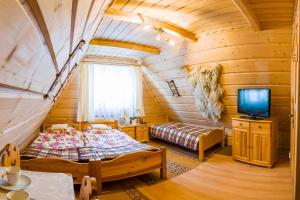 sypialnia z łóżkiem i telewizorem w kabinie w obiekcie Stare Krzeptówki w Zakopanem