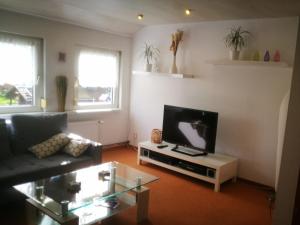 a living room with a couch and a flat screen tv at Ferienwohnung mit Whirlpool in Ihlienworth