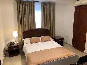 een slaapkamer met een groot bed en een raam bij Colon Plaza Hotel in Tumaco