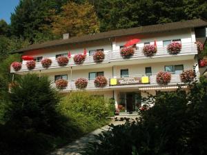 un edificio con cajas de flores en su lado en Pension Waldfrieden en Oberharmersbach