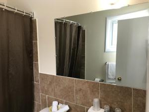 a bathroom with a shower and a sink and a mirror at Trunk Road Motel in Sault Ste. Marie