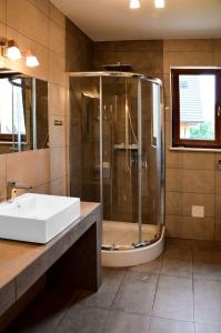a bathroom with a shower and a sink at Przystań Góralska in Szczawnica