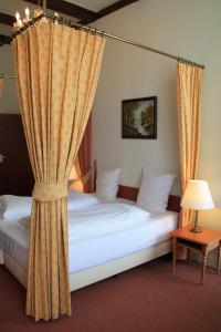 a bedroom with two beds and a curtain at De Doelen in Leiden