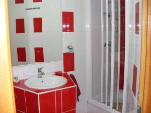 a red and white bathroom with a sink and shower at Garsoniera Central Sibiu in Sibiu +11 photos