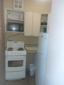 a kitchen with a white stove and a refrigerator at Alisa Guest Suites in Toronto