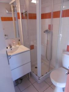 W łazience znajduje się prysznic, umywalka i toaleta. w obiekcie Holidayland Résidence Beau Soleil villa 5 couchages avec piscine w mieście Narbonne-Plage