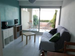 a living room with a couch and a table and a television at 483 Chemin de Saint-Clair in Sète
