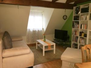 a living room with a couch and a television at Ferienwohnung Boellsteiner Hoehe in Böllstein