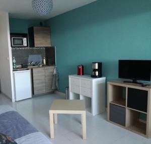 a living room with a television and a kitchen at 483 Chemin de Saint-Clair in Sète