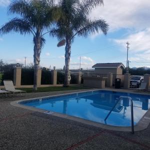 a swimming pool with palm trees in the background at SureStay Hotel by Best Western Hollister in Hollister