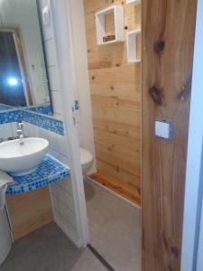 a bathroom with a sink and a toilet and a mirror at Les chambres de Kerael in Crozon