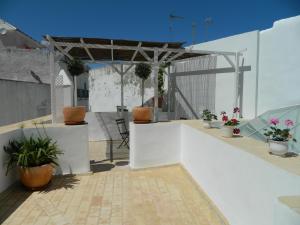 een patio met potplanten in een wit gebouw bij Santa María 12 Boutique Apartamentos in Cádiz