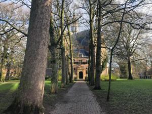 a walkway in front of a building surrounded by trees at Westerbinnensingel in Groningen