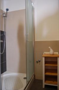 y baño con ducha y puerta de cristal. en Rulfik, en Hinterberg