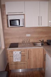 a small kitchen with a sink and a microwave at Vadszőlő Apartman in Balatonmáriafürdő