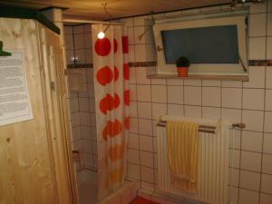 a bathroom with a shower curtain and a window at Pension Geva in Warendorf