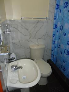 a bathroom with a white toilet and a sink at Hostal Bolívar Inn in Quito