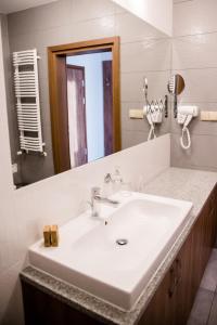 APART HOTEL 12 في جيشوف: حمام مع حوض أبيض ومرآة