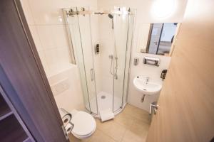 a bathroom with a shower and a toilet and a sink at Hotel Turmfalke in Linz