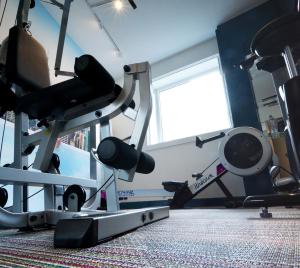 una habitación con gimnasio con cinta de correr y pesas en Hotel Gratte-Ciel Ariana en Villeurbanne