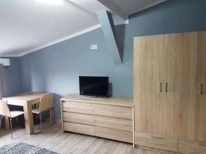 a living room with a tv on a wooden cabinet at Budziechów Noclegi in Lubsko