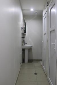 GLOBAL HOSTEL - Marjanishvili في تبليسي: حمام أبيض مع حوض ومرآة