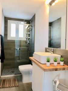 a bathroom with a sink and a toilet and a shower at House Teigan of Villa Intaba Breath Taking Sea Views Corfiot Riviera Corfu Island Greece with Pool close to Ipsos Beach in Corfu Town