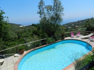 a swimming pool with chairs and a view of a mountain at Agriturismo Fattoria Terranova in SantʼAgata sui Due Golfi