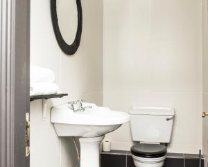 ein Badezimmer mit einem Waschbecken, einem WC und einem Spiegel in der Unterkunft Ballycannon Lodge in Croagh