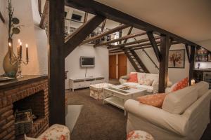 a living room with a couch and a fireplace at Landhaus Alte Apotheke in Großefehn 