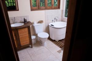 a bathroom with a toilet and a tub and a sink at Chalé Solar no Matutu in Aiuruoca