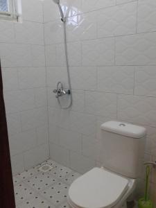 a white bathroom with a shower with a toilet at FREEDOM Guest House in Wakiso