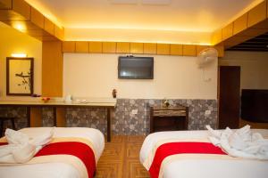 two beds in a hotel room with a fireplace at Hotel Splendid View in Pokhara