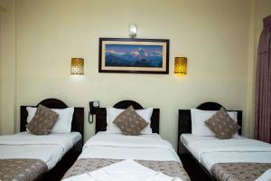 a room with two twin beds and a picture on the wall at Hotel Splendid View in Pokhara