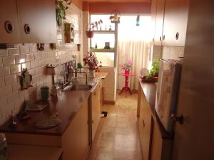 a small kitchen with a sink and a refrigerator at Hostal Don Mariano in Concepción