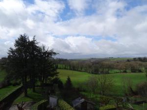 un champ verdoyant avec des arbres et un ciel nuageux dans l'établissement Au Bon Accueil, à Alban