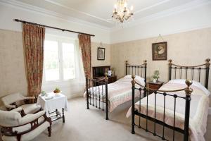 a bedroom with two beds and a chair and a chandelier at Llangattock Park House in Crickhowell