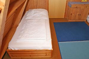 a small bed in a room with a mattress at Familienurlaub mit viel Platz in Damp