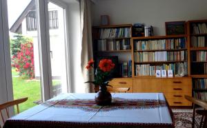 a vase with a flower on a table in a room at Prázdninový dům - PACL Červená Řečice in Červená Řečice