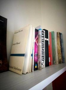 a row of books sitting on a shelf at Xenon Christina in Vivari