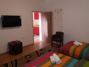 a room with two beds and a television and a chair at Apartman Donji Kraj in Cetinje