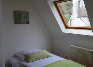 ein kleines Schlafzimmer mit einem Bett und einem Fenster in der Unterkunft Ferienwohnung Bildgasse in Neustadt an der Weinstraße